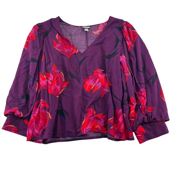 A New Day XXL Purple Floral Blouse Long Sleeves Career Cotton Rayon - Picture 1 of 5